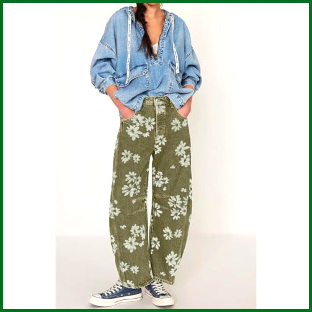 Distressed Barrel Jeans Baggy Wide Leg Floral Printed Patchwork Denim Pants - Picture 3 of 7